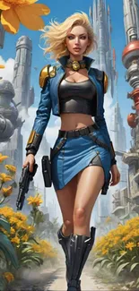 Futuristic female warrior in cityscape with flowers and towers.