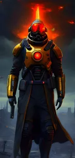 Futuristic warrior in orange armor with glowing background.