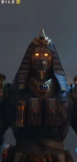 Futuristic warrior with glowing eyes in detailed armor on a dark background.