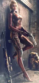 Futuristic female warrior in metallic armor leaning on a wall in an urban setting.