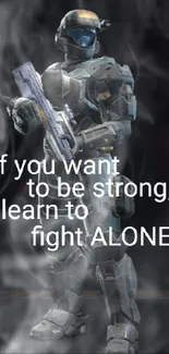 Futuristic warrior in armor with motivational quote.