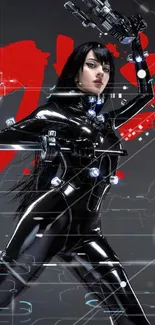 Futuristic warrior in black suit with red background, holding sword in action pose.