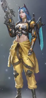 Futuristic warrior with blue hair and advanced armor in yellow outfit.