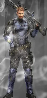 Futuristic warrior in advanced armor holding a sniper rifle on gray background.