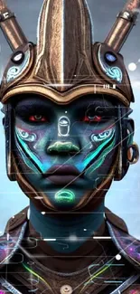 Futuristic armored warrior with vibrant face paint in teal and metallic hues.