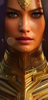 Stunning futuristic warrior with golden armor and an intense gaze.