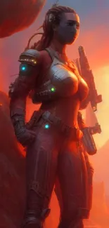 Futuristic warrior with vibrant orange backdrop.