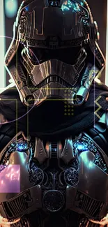 Futuristic armored warrior with glowing elements on dark background.