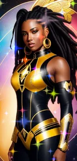 Futuristic warrior in golden armor with cosmic background.