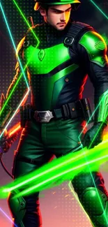 Futuristic warrior with neon weapons in green armor.