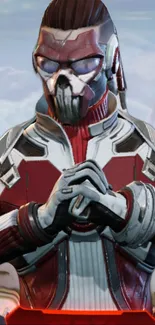 Futuristic warrior with red armor and mask in a sci-fi setting.