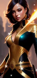 Futuristic woman in golden armor with a dynamic urban backdrop.