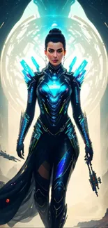 Futuristic warrior in dark cyan armor with a cosmic backdrop.