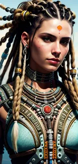 Futuristic female warrior with braided hair and intricate armor in a digital artwork.