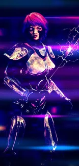 Neon futuristic warrior with electric sword in dark purple armor.