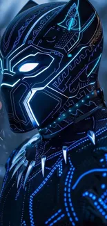 Futuristic warrior in neon blue armor with glowing details.