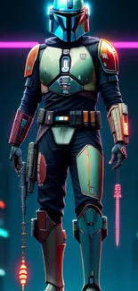 Futuristic warrior in neon-lit armor suit against an urban background.