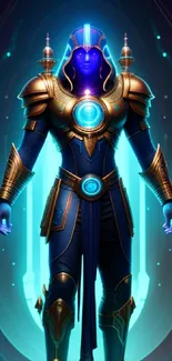 Futuristic warrior in blue and gold armor, glowing energy core on phone wallpaper.