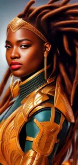 Futuristic warrior in gold armor with intricate dreadlocks.