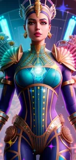 Vibrant warrior princess in futuristic armor with colorful design.