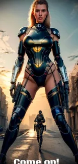 Futuristic armored warrior in urban street setting during sunset.