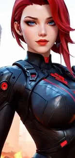 Futuristic warrior with red hair in armor.