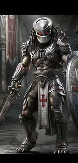 Armored warrior holding sword and shield in dark setting.