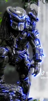 Futuristic warrior with blue glowing armor on a mobile wallpaper.