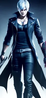 Futuristic warrior character in black attire, holding weapons.