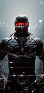 Futuristic warrior in dark armor with red accents, standing against a muted background.