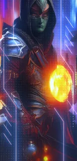 Futuristic warrior with glowing, orange-red armor in a sci-fi setting.