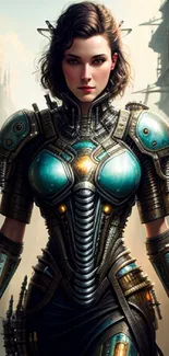 Futuristic warrior woman in cyber armor with city backdrop.