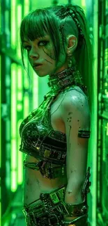 Futuristic warrior woman in neon green setting, sci-fi theme.