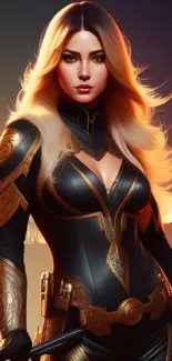 Futuristic warrior woman in sleek armor on mobile wallpaper.