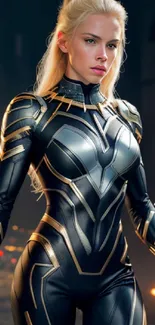 Futuristic warrior woman in detailed armor with a dark cinematic background.