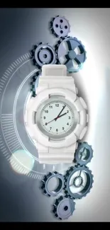 Futuristic watch and gears on a sleek, gray background.