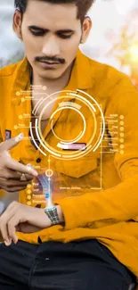 Person with digital watch interface overlay on orange background.