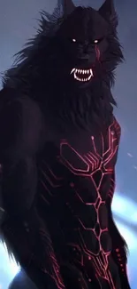 Futuristic werewolf with cybernetic design in dark atmosphere.