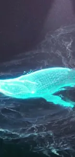 Digital neon blue whale swimming in dark ocean.