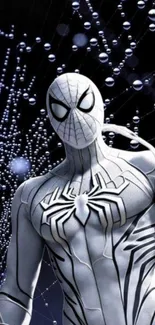 White-suited spider superhero with web design background.