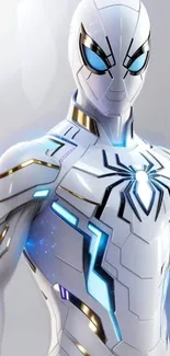 Futuristic Spider-themed suit with white and blue accents in mobile wallpaper.