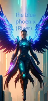 Futuristic warrior with wings in neon cyber city scene.