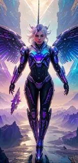 Futuristic winged warrior with cosmic background.