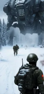 Soldiers and mech in snowy forest battlefield, futuristic setting.