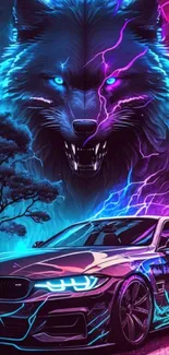 Neon wolf and car wallpaper with blue and purple hues.