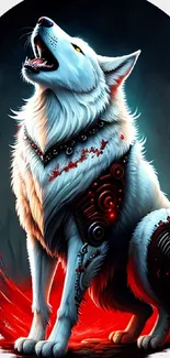 Futuristic white wolf with red accents in digital art.