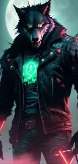 Cyberpunk wolf with neon lights and moonlit background.