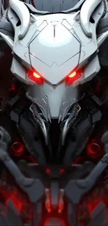 Futuristic robot wolf with red glowing eyes.