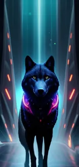 Futuristic wolf with neon lights in a digital space.