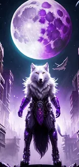 Futuristic wolf stands under a purple moon.